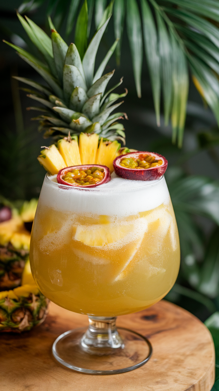 A colorful bowl of Pineapple Coconut Rum Punch garnished with fresh fruits and tropical decorations.