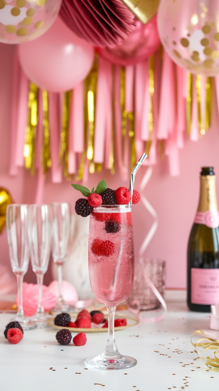 The Pink Champagne Cocktail adds a lovely splash of color and flavor to any gathering. Its delicate hues come from fresh raspberries and blueberries, making it not just a drink but a festive treat.