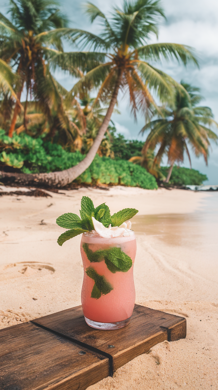 The Pink Coconut Mojito is a refreshing twist on the classic mojito, perfect for warm days by the beach. Picture a tall glass filled with vibrant pink liquid, topped with fluffy coconut and fresh mint leaves. The tropical setting enhances the drink’s allure, making it hard to resist.