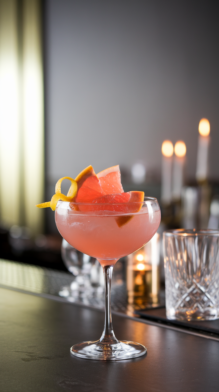 The Pink Grapefruit Martini is a refreshing and vibrant cocktail that perfectly balances sweet and tart flavors. In the image, you see this delightful drink served in a stylish glass, showcasing its beautiful pink hue. Garnished with slices of fresh grapefruit and a twist of lemon, it’s both eye-catching and inviting.