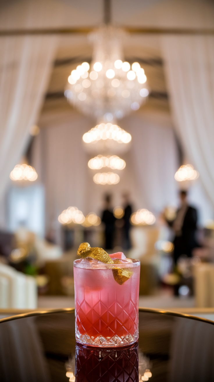 The Pink Velvet Cocktail is as visually appealing as it is delicious. This drink features a lovely blush hue, inviting anyone to take a sip. It sits elegantly in a patterned glass, showcasing its vibrant color and garnished with a playful twist of gold candy.