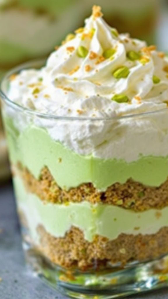 A delicious dessert layered with green pistachio cream and whipped cream, topped with crushed nuts.