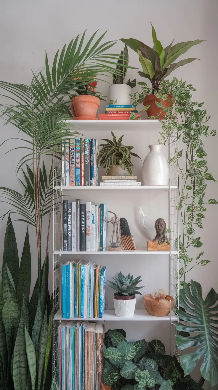 Create a picture-perfect display with thoughtful styling. Mix plant heights and textures, incorporate stylish pots, and add decorative elements like books, candles, or artwork for extra flair. Don’t forget to balance your layout with some negative space to avoid overcrowding.