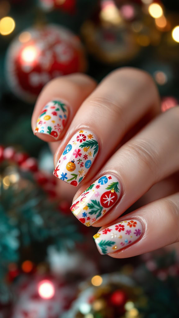 Brighten your holiday look with playful nail art featuring colorful ornaments and baubles. Each nail showcases unique designs inspired by festive decorations.