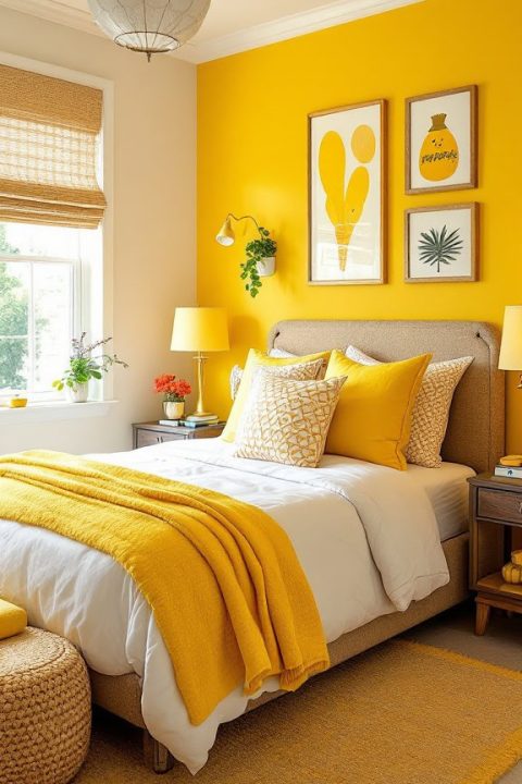 Brighten your guest bedroom with cheerful yellow decor! ? From sunflower accents to mustard bedding, discover 10 stunning ideas for a warm and inviting space. #YellowBedroom #HomeDecorInspo ?