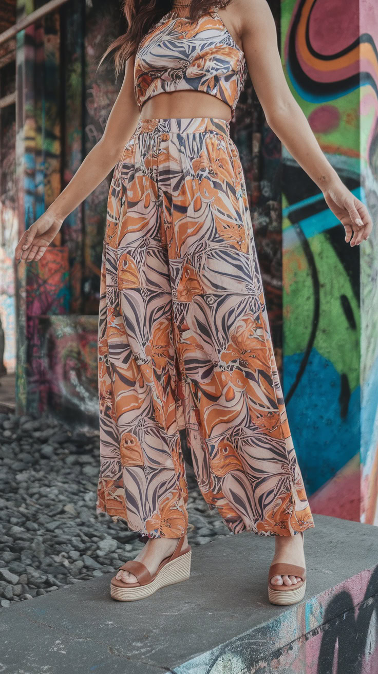 Printed palazzos are perfect for adding a touch of fun to your spring wardrobe. Pairing them with boho chic footwear creates a carefree vibe that’s just right for sunny days. Whether you choose wedges or strappy sandals, your look will be effortlessly stylish!