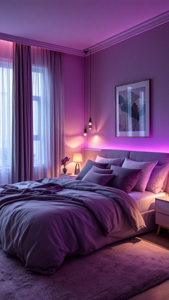 Purple lighting can really change the vibe of a room. It adds a cozy and inviting touch, perfect for winding down after a long day. Plus, it pairs beautifully with soft textures for an even warmer feel.