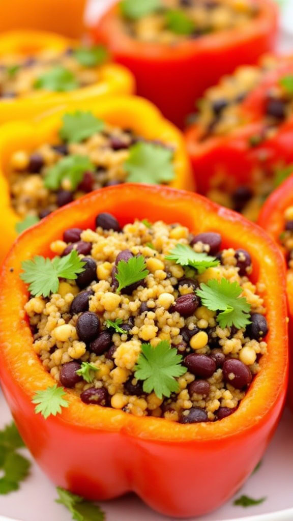 These quinoa and black bean stuffed bell peppers are a colorful and tasty dish. Each pepper is filled with a delicious mixture that’s healthy and satisfying. 