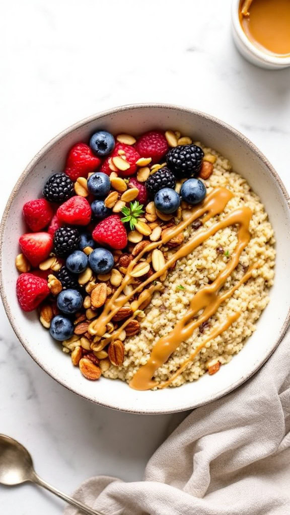 This quinoa breakfast bowl is a simple way to kickstart your day. Topped with fresh berries and a drizzle of nut butter, it's both satisfying and nutritious. Check out the full recipe here for a delicious morning treat!