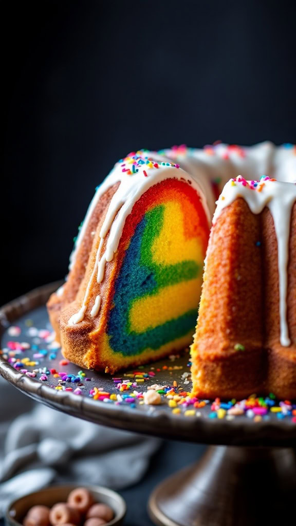 A vibrant Rainbow Bundt Cake with colorful layers and sprinkles, displayed on a cake stand.