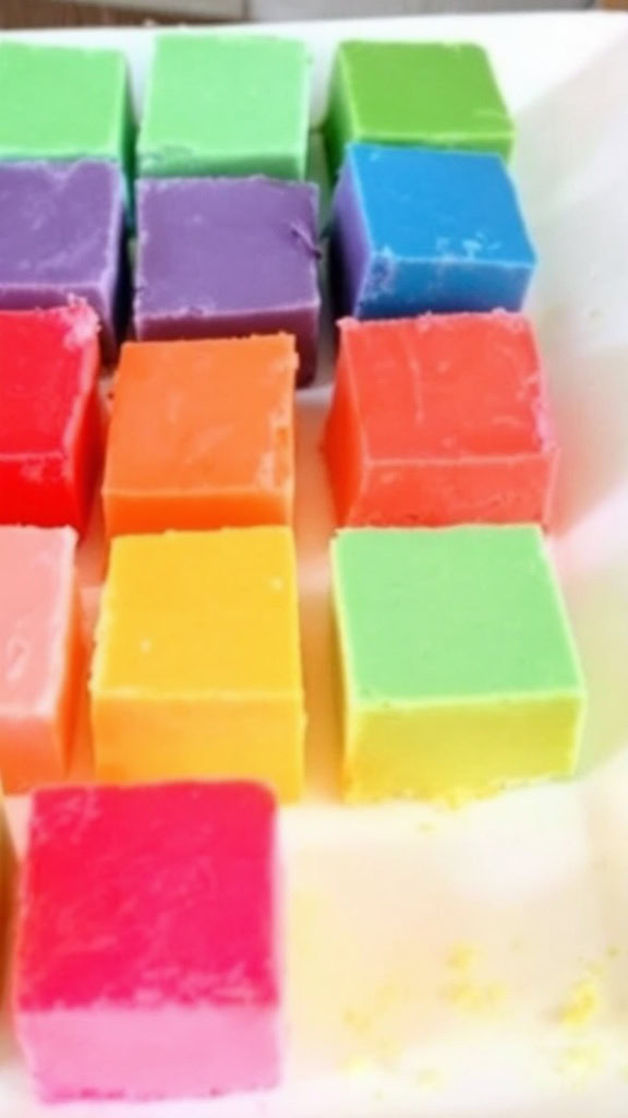 Colorful squares of rainbow fudge arranged on a plate