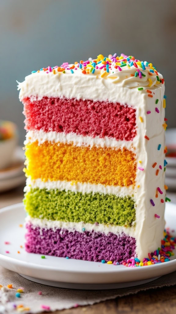 A slice of rainbow layer cake with vibrant colored layers and frosting topped with sprinkles.