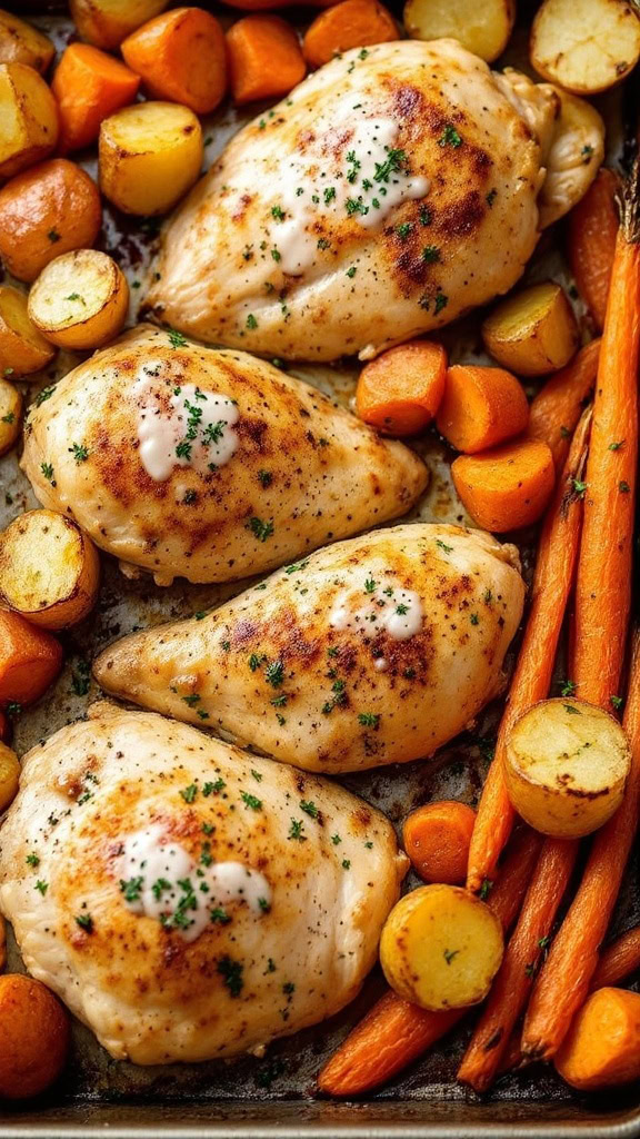 This sheet pan meal features juicy ranch chicken paired with tender potatoes and sweet carrots. Just toss everything on a pan, and let the oven do the work. It's a simple way to enjoy a delicious dinner with minimal cleanup!