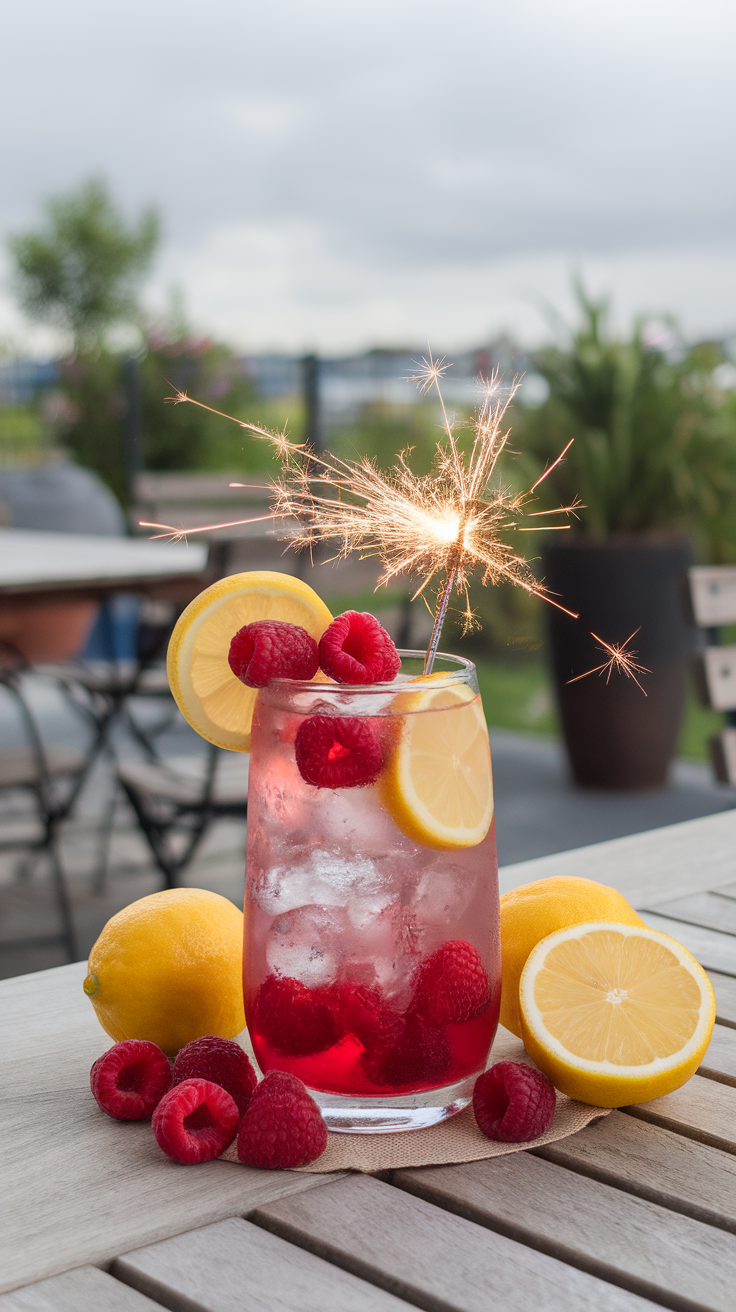 The Raspberry Lemonade Sparkler is a delightful drink that combines tartness and sweetness perfectly. This vibrant pink cocktail is not just beautiful; it’s refreshing and fun, making it ideal for warm days or celebrations. The image showcases a tall glass filled with ice, bright raspberries, and zesty lemon slices, topped with a sparkler, adding a festive touch.