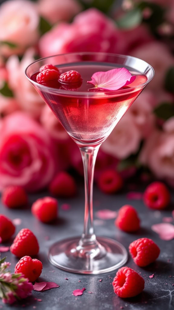 A Raspberry Rose Martini garnished with fresh raspberries and a flower petal, surrounded by pink flowers.