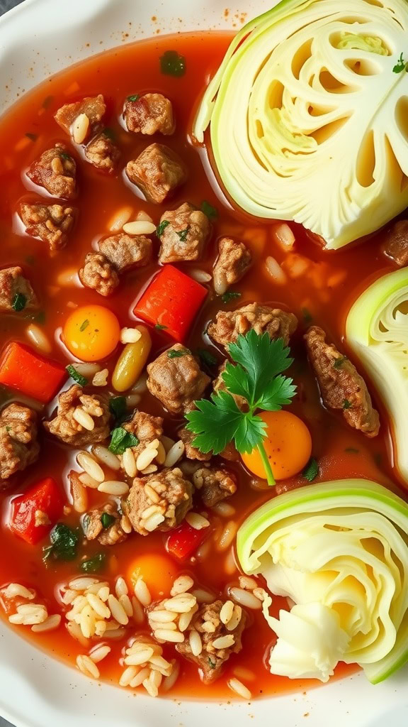 A bowl of stuffed cabbage soup with meat, rice, and cabbage.