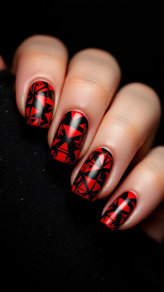 Red and black geometric patterns bring a bold touch to nail art. These striking designs create a playful contrast that catches the eye. Whether you're dressing up for a night out or just want to add some flair to your look, this style is sure to impress.