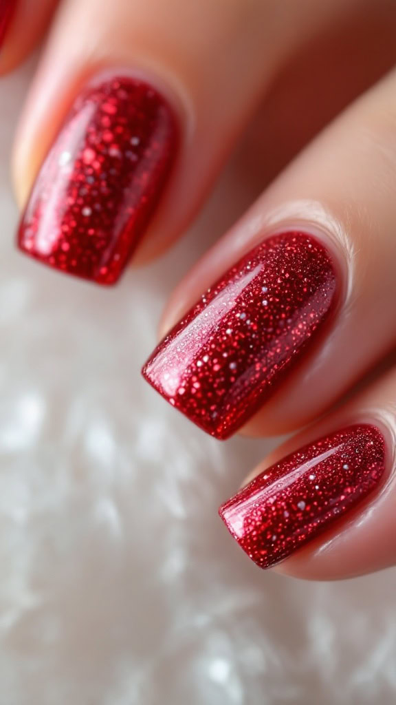 Red glitter adds a pop of sparkle that can brighten any outfit. Perfect for a night out or a special occasion, these nails will definitely catch some attention!