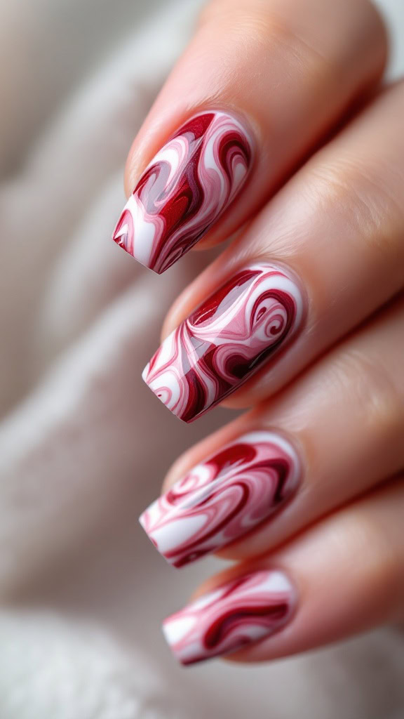 The red marble effect is a stunning way to make your nails pop. The swirling patterns bring a unique style that feels both bold and classy. It's perfect for adding a splash of color to any outfit!