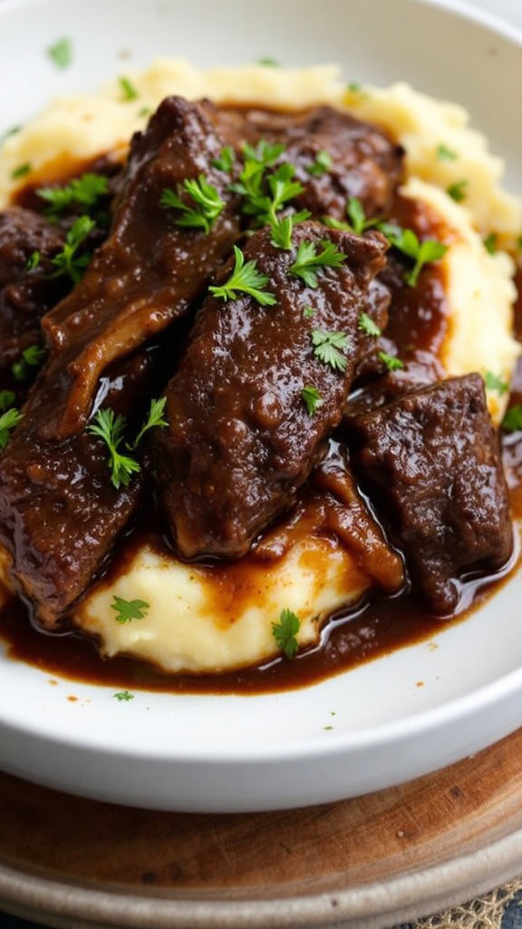 If you're looking for a warm and comforting meal, red wine braised beef short ribs are a perfect choice. The tender meat soaked in rich, flavorful sauce pairs beautifully with creamy mashed potatoes. 