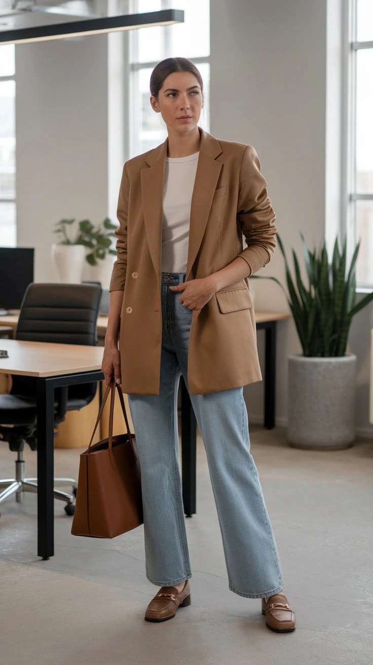 A relaxed blazer paired with straight-leg jeans is a fantastic choice for a polished yet comfortable office look. This combo strikes the right balance between casual and professional, making it perfect for everyday wear. Add loafers and a tote, and you're ready to tackle the day with style and ease.