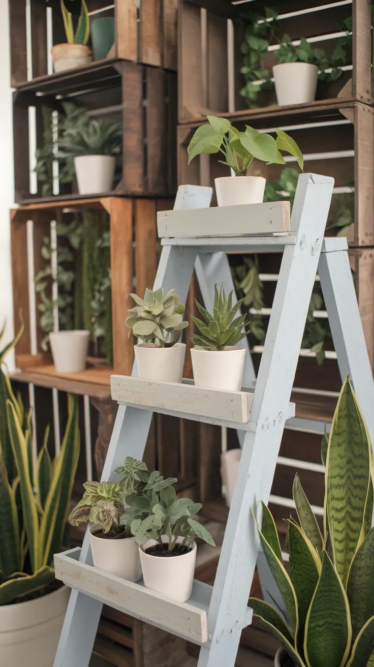 Using everyday items for your plant shelf is a fun way to add charm. An old ladder can be painted and used as a unique display for your plants. You can also repurpose wooden crates to create a rustic shelf that showcases your greenery.