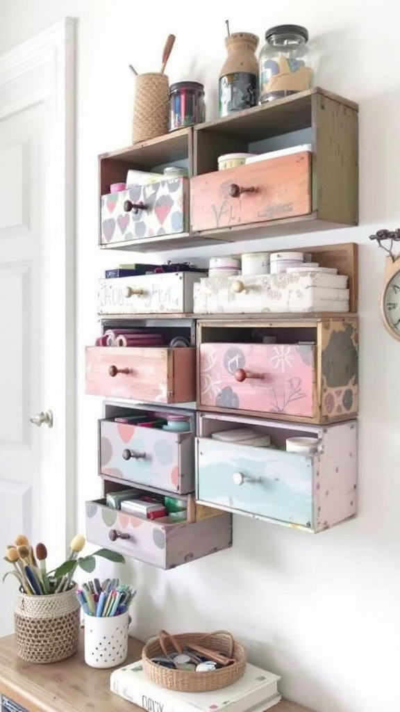 Repurposed drawer storage is a fun way to tidy up your space. These colorful drawers not only add charm but also keep your items organized. It's a simple solution that makes a big difference in how your room looks!