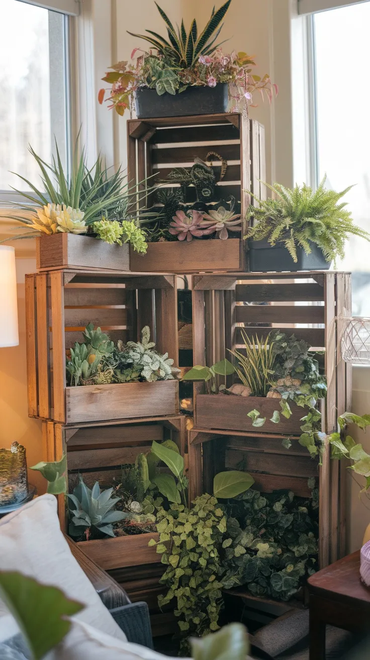 Using repurposed items for your plant shelf adds a fun touch to your living room. Old crates or wooden boxes can be transformed into stylish stands that showcase your plants beautifully. Plus, it’s a great way to save money and reduce waste!