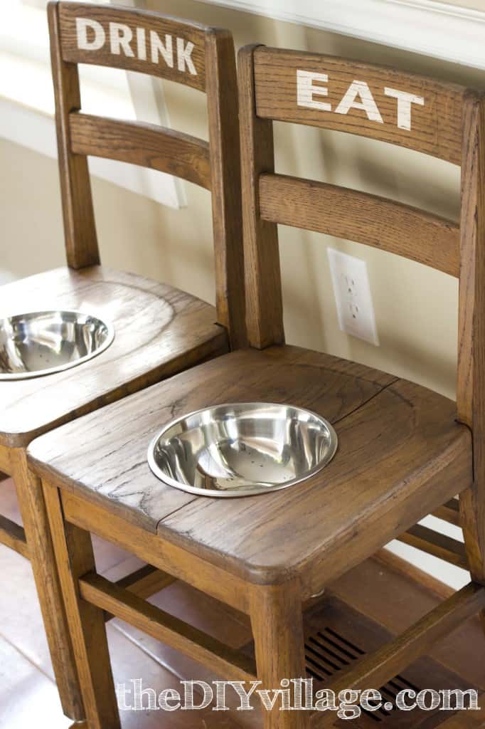 Turn two wooden chairs into a dog feeding station