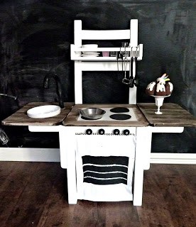 Turn an old chair into a play kitchen