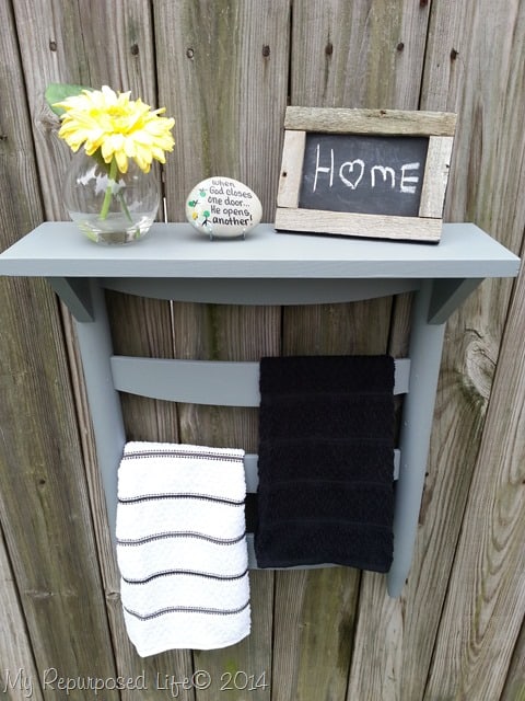 Make a towel hanging rack for your half bath from an old chair