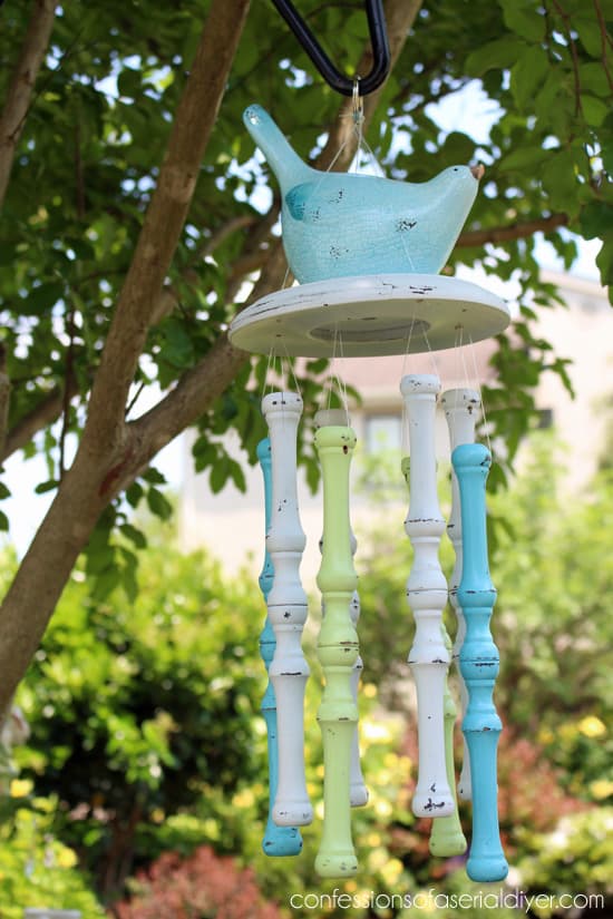 Use the wooden chair spindles to make a wind chime