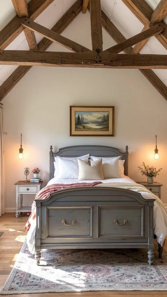 Exposed wooden beams add a natural, rustic element to a French country guest bedroom. Their warm tones and sturdy texture make the space feel grounded and cozy.