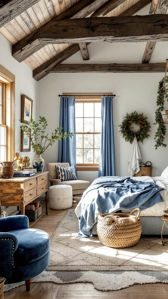 Cozy guest bedroom with sky blue accents and wooden elements.