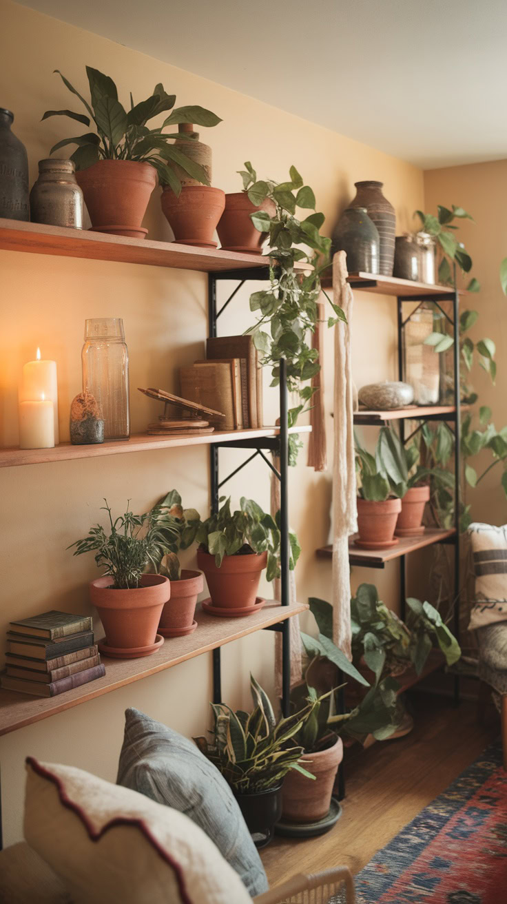 What It Is: Wooden shelves, terracotta pots, and vintage accents like mason jars or old books. Pair greenery with soft touches like candles or fabric garlands.