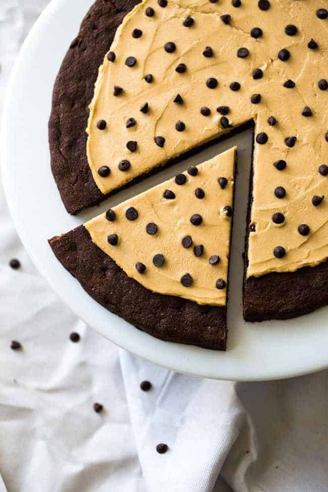 Chocolate Cookie Pizza with Salted Caramel Peanut Butter Greek Yogurt Frosting