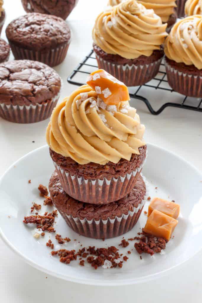Dark Chocolate Brownie Cupcakes with Salted Caramel Frosting