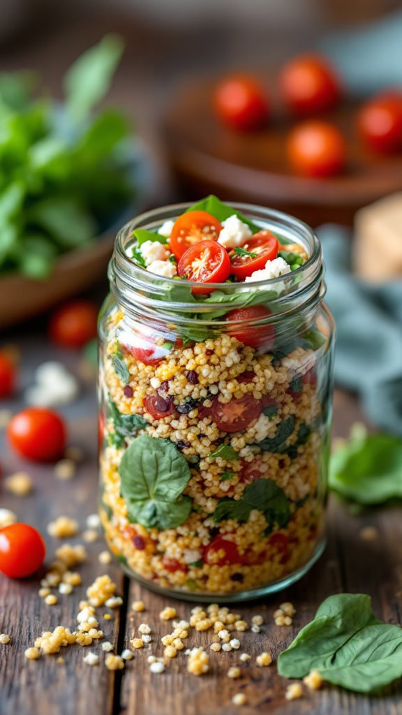 Switch it up with a savory breakfast! This quinoa jar with spinach, tomatoes, and feta is packed with protein and flavor. 🥗🧀 #SavoryBreakfast #QuinoaLove #HealthyMealPrep