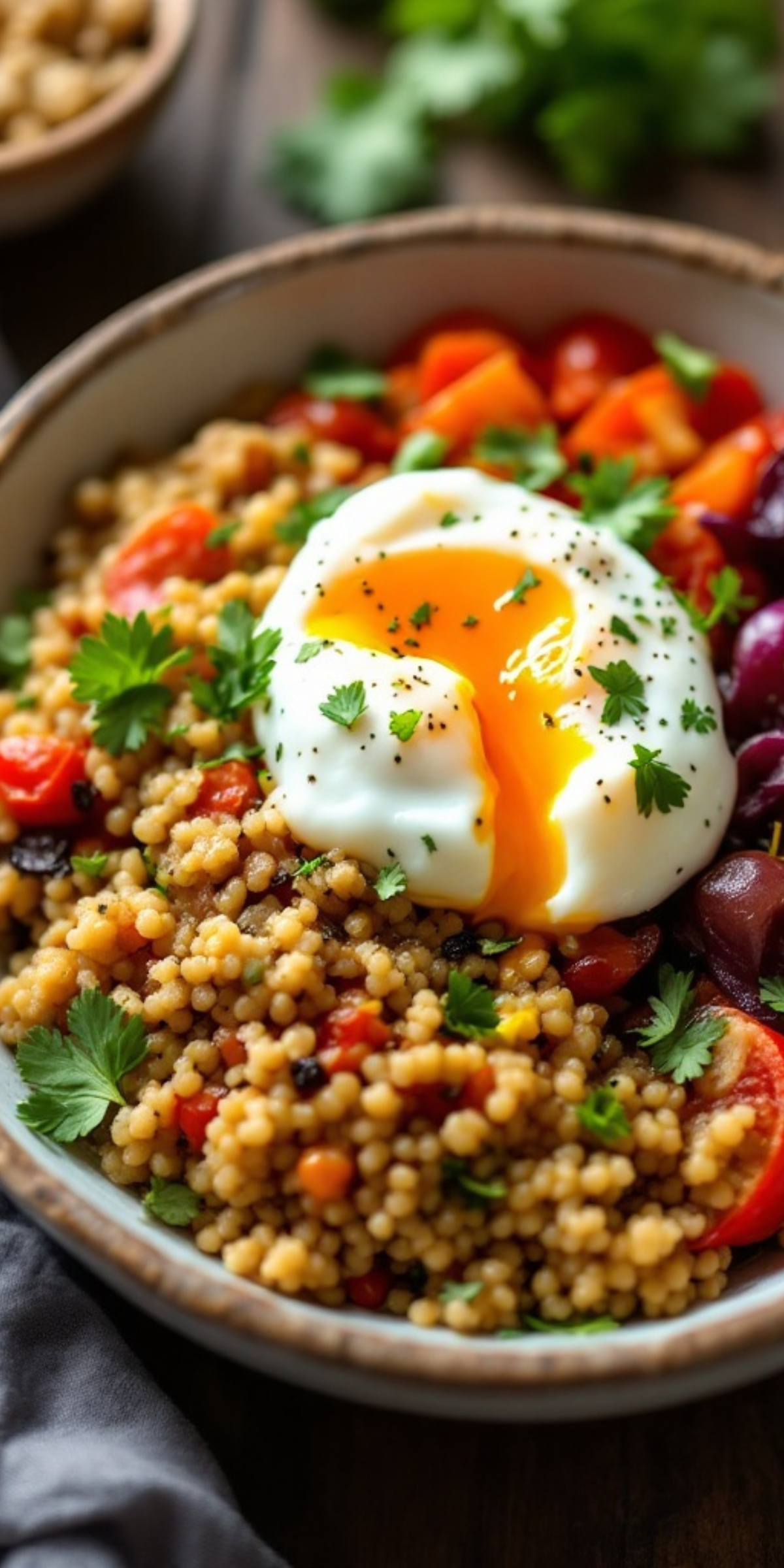 Move over, oatmeal—this savory quinoa breakfast bowl is here to shine. Add cooked quinoa to a bowl, top with a poached egg, cherry tomatoes, and fresh herbs. A sprinkle of feta or parmesan doesn’t hurt either. This bowl is healthy, colorful, and packed with protein.