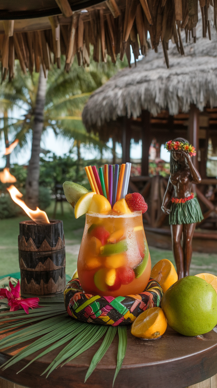 A colorful Scorpion Bowl cocktail filled with fruits and straws, perfect for sharing.