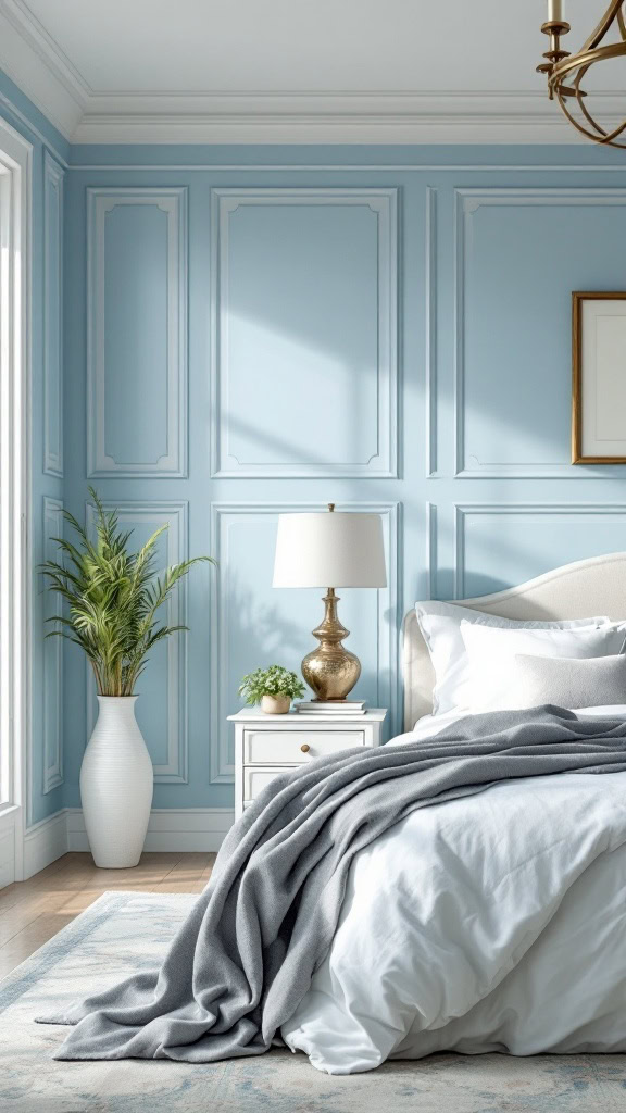 A guest bedroom featuring sky blue walls with white trim, a neatly made bed, and decorative plants.