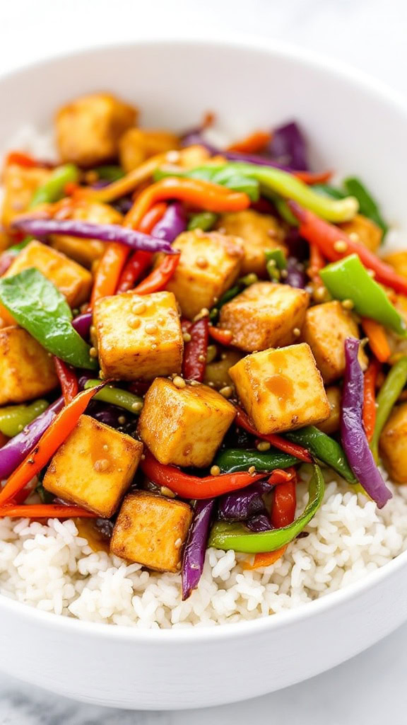 This Sesame Ginger Tofu and Veggie Stir-Fry is a colorful bowl of goodness! The crispy tofu pairs perfectly with fresh veggies and a zesty sauce. 