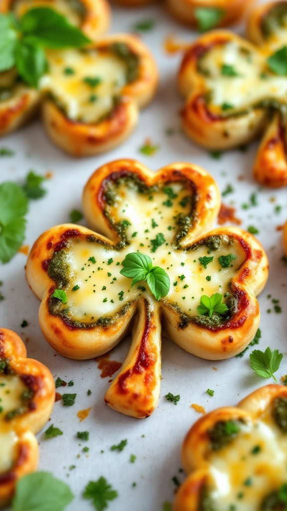 Shamrock mini pizzas shaped like clovers with cheese and herbs