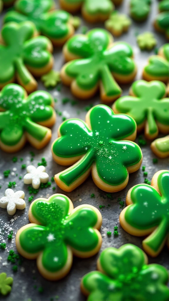 Decorated shamrock-shaped sugar cookies in green with sprinkles.