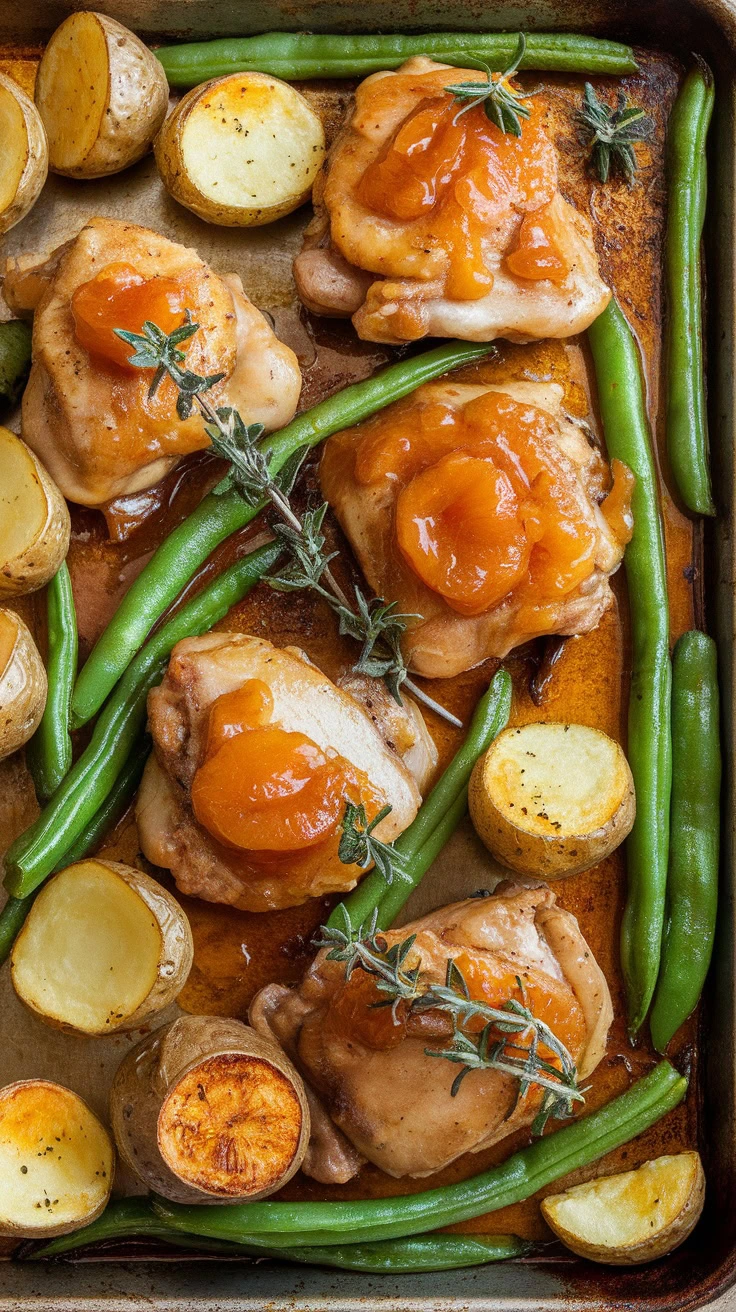 This sheet pan apricot chicken is a simple delight for dinner. The juicy chicken thighs paired with tender potatoes and a sweet apricot glaze create a dish that everyone will love. Check out this easy recipe for a delicious meal with minimal cleanup!