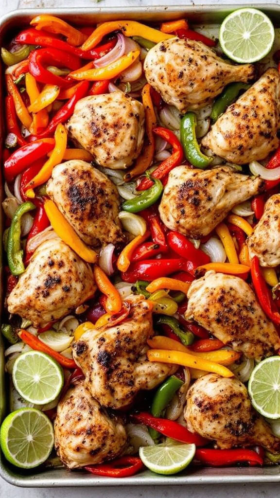 These sheet pan chicken fajitas are a total time-saver for busy weeknights. The mix of colorful peppers and juicy chicken makes for a delicious meal with minimal clean-up. 