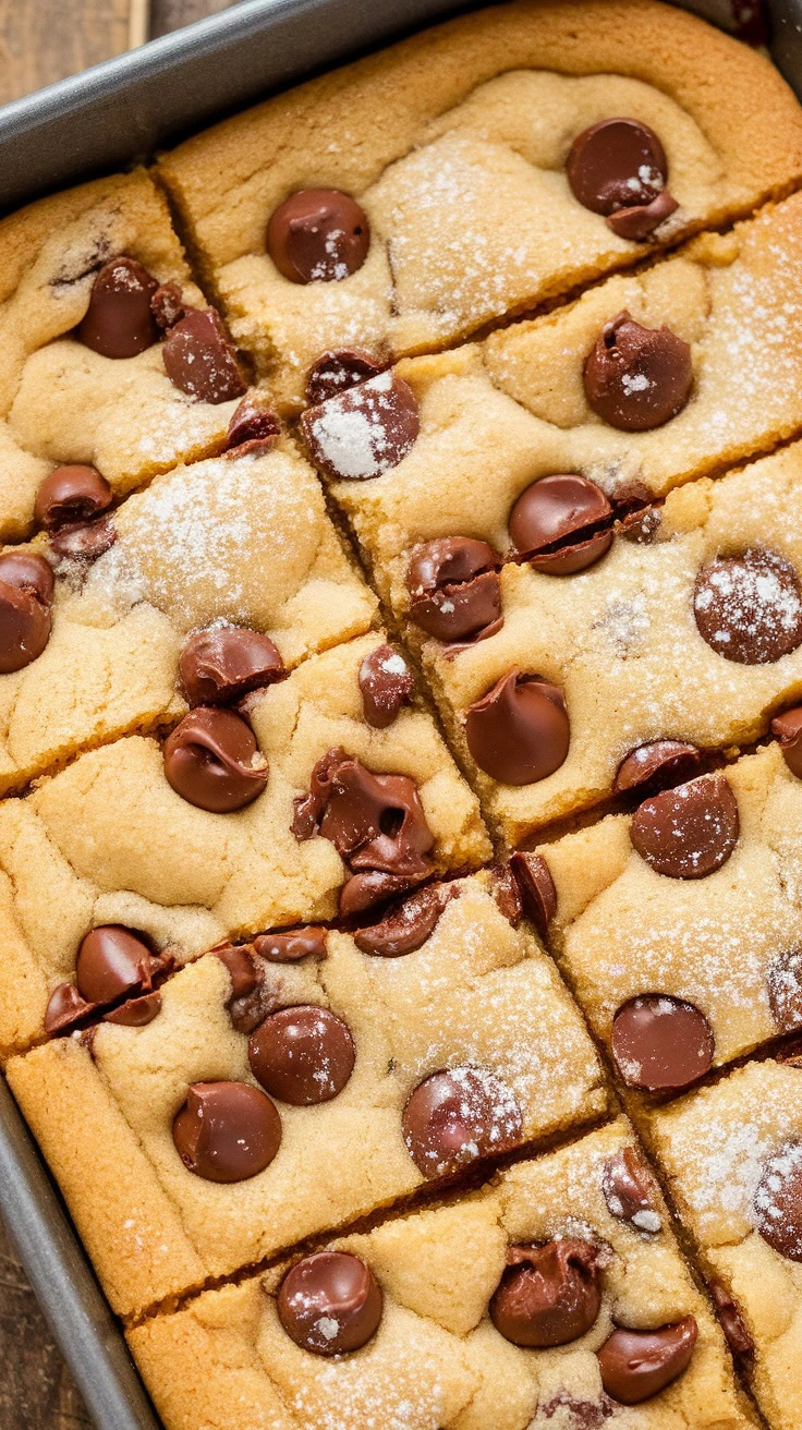 A delicious sheet pan giant chocolate chip cookie cut into squares.