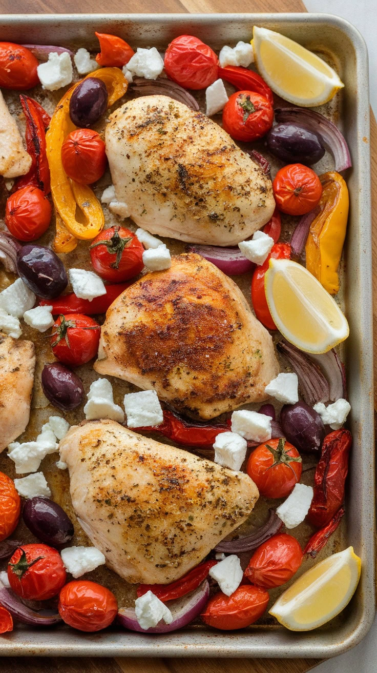 A colorful sheet pan meal featuring Greek chicken bowls with vegetables and feta cheese.