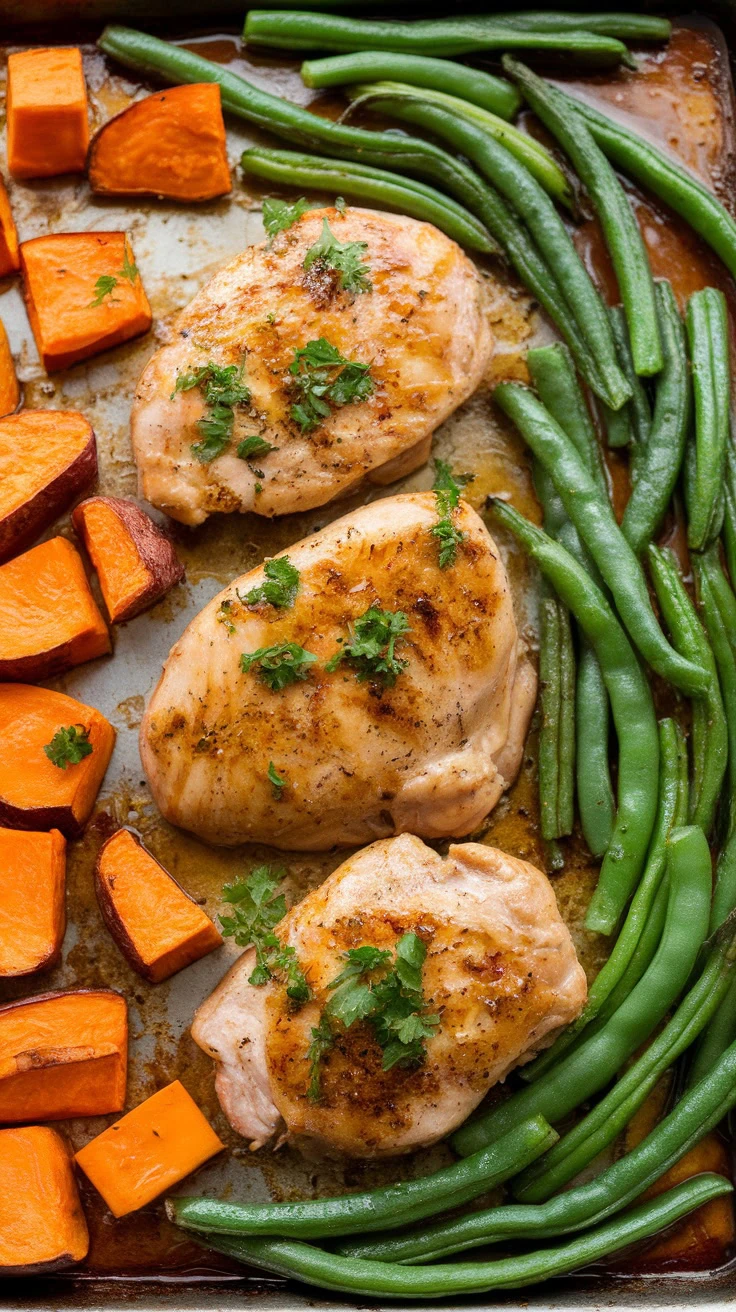 Delicious sheet pan meal with honey garlic chicken, sweet potatoes, and green beans