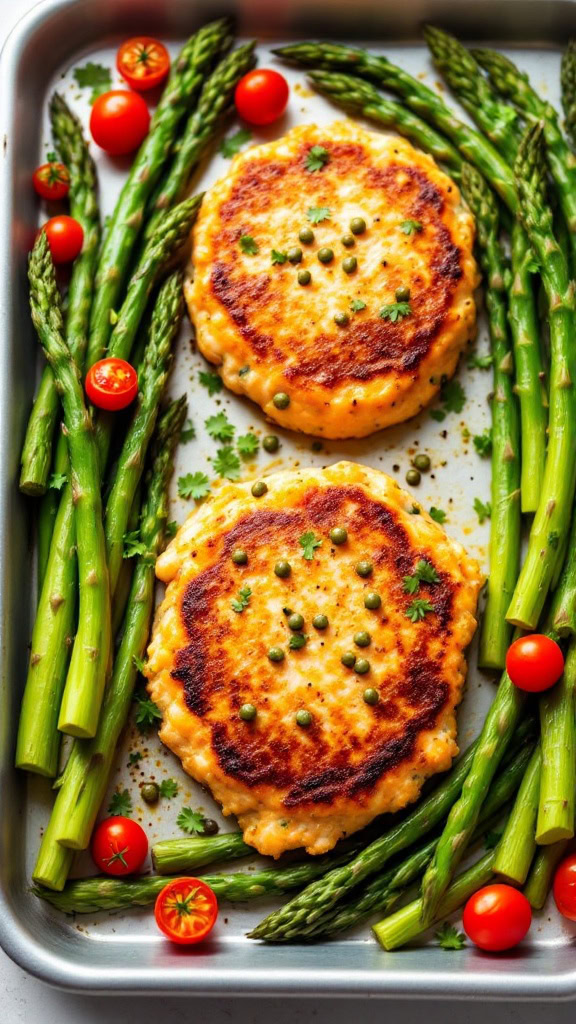 These salmon cakes are easy to make and packed with flavor! The crispy edges and soft center pair perfectly with fresh asparagus and cherry tomatoes.